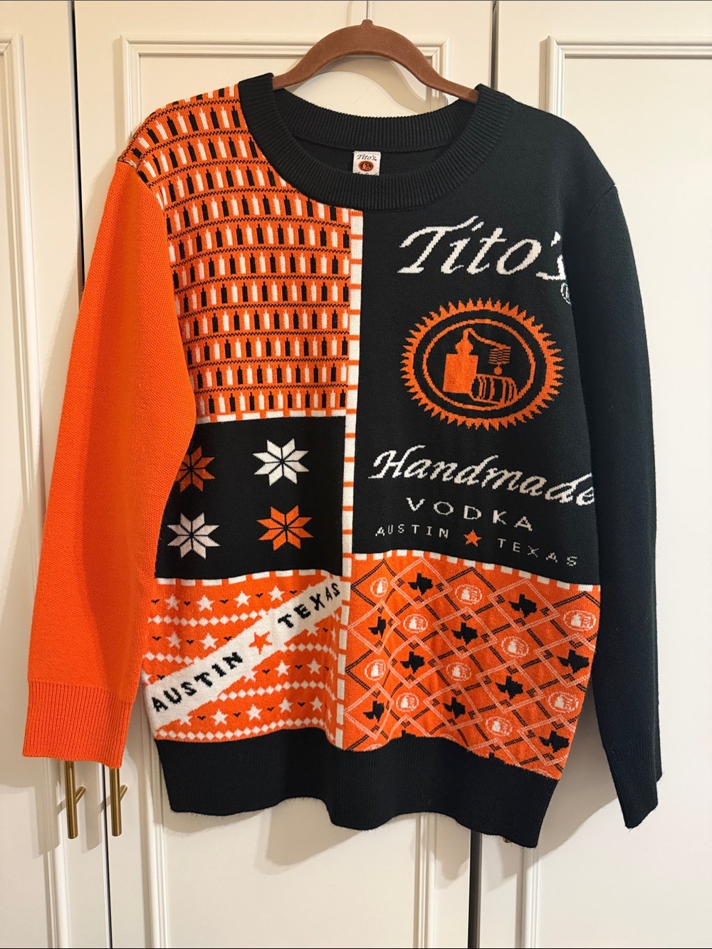 Tito's Handmade Vodka Orange and Black Crewneck Ugly Sweater